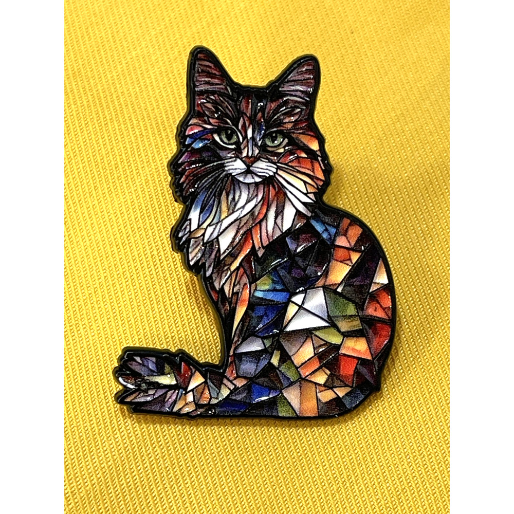 NWOT Mosaic Cat Enamel Lapel Pin Brooch Multicolor Stained Glass Art Design